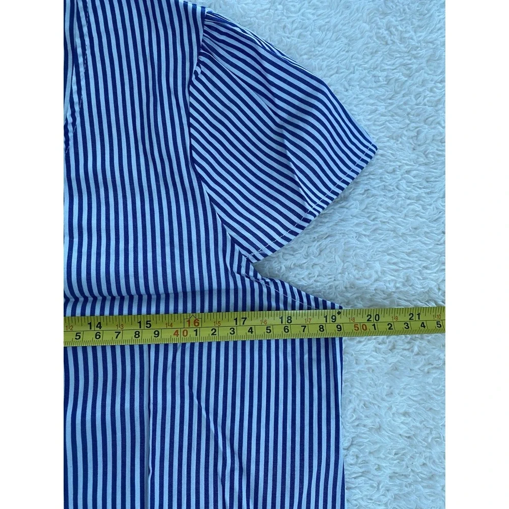 New Pink Rose Women's L Blue Striped Cotton Short Sleeve Blouse with Bow‎ Tie